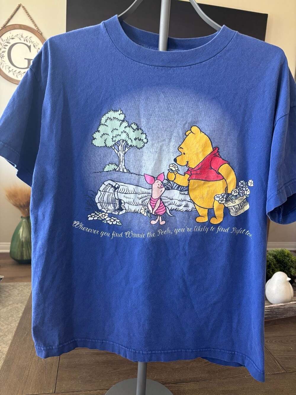 Pooh Winnie the Pooh and Piglet Graphic T-Shirt Size Large Blue Vintage
